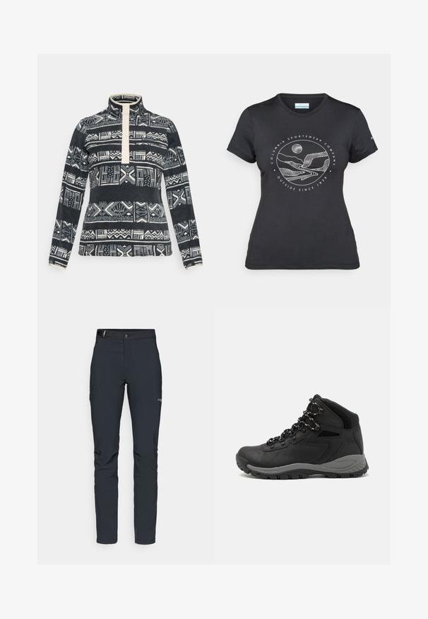 Pullover in pile con colletto alto, caratterizzato da una patta con bottoni color crema e da motivi geometrici astratti in bianco e nero.; Maglietta nera Columbia con arte lineare bianca di una montagna circolare e un fiume, e il testo "Columbia Sportswear Company Outside Since 1938."; Pantaloni da uomo per attività all'aperto, grigio scuro, realizzati in materiale elastico, dotati di cintura, tasche con zip e cuciture rinforzate.; Stivale da trekking nero con design a metà altezza, dotato di una tomaia texturizzata, accenti grigi e suola in gomma resistente con tasselli per la trazione.