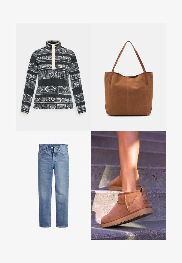 Fliisi pusa kõrge krae ja kreemja nupuvajutusega ning musta ja valge abstraktse geomeetrilise mustriga üle kogu.; Heled sinised teksad sirge lõikega, viie tasku disainiga ja nööpidega kinni. Omavad kerget pleekimist ja oranže õmblusi.; Kergedest nahast pahklu ботинки pehme tekstuuriga, õmmeldud detailide ja kummist tallaga, millel on sanga kand kergesti selga panemiseks.; Pruun nubukist kott kahe pika sangaga, millel on sile tekstuur, lihtne disain ja nähtavad riistvara või aksessuaarid puuduvad.