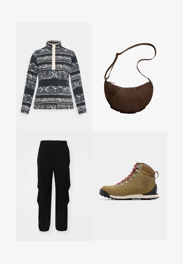 Pullover in pile con colletto alto, caratterizzato da una patta con bottoni color crema e da motivi geometrici astratti in bianco e nero.; Pantaloni neri da esterno realizzati in materiale resistente, con vestibilità rilassata, cintura elastica e polsini regolabili per lunghezza adattabile.; Scarponi da trekking marroni con lacci rossi, occhielli in metallo, dettagli in pelle e suola in gomma. Presentano una punta arrotondata e un collare imbottito.; Borsa a spalla marrone imbottita con una forma curvata, dotata di chiusura con cerniera e tracolla regolabile per diverse opzioni di trasporto.