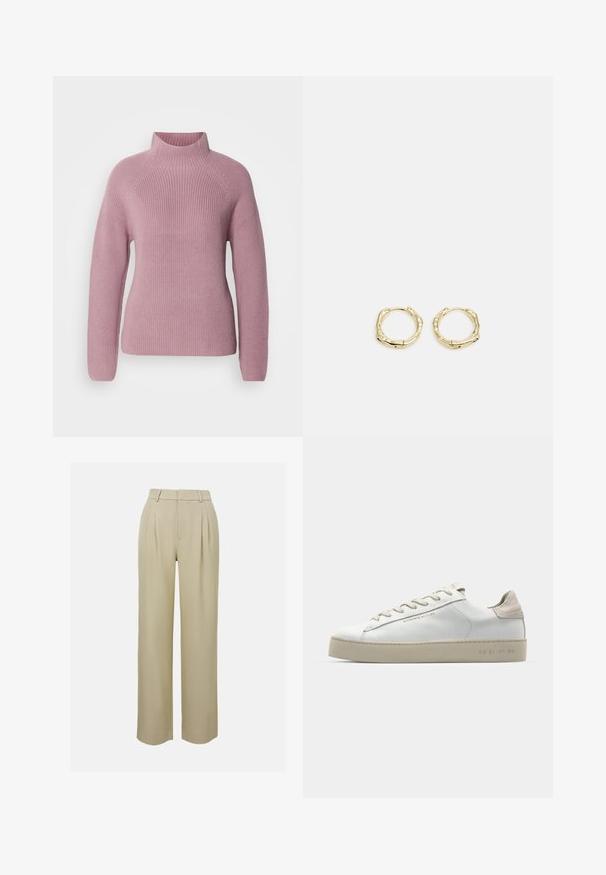 Marc O'Polo LONGSLEEVE STAND UP COLLAR - Strickpullover - dark mauve; Beige weit geschnittene Hose aus glattem Stoff, mit vorderer Bügelfalte, tailliertem Bund und seitlichen Taschen. Saubere Saumverarbeitung.; Weiße Leder-Sneaker mit glatter Oberfläche, beigen Wildleder-Akzenten, runder Zehenpartie, flachem Schnürdesign und einer strukturierten Gummisohle.; Goldene Creolen mit einer strukturierten, unregelmäßigen Form. Sie verfügen über einen nahtlosen Verschluss und eine polierte Oberflächenbehandlung, die ein modernes Design betont.