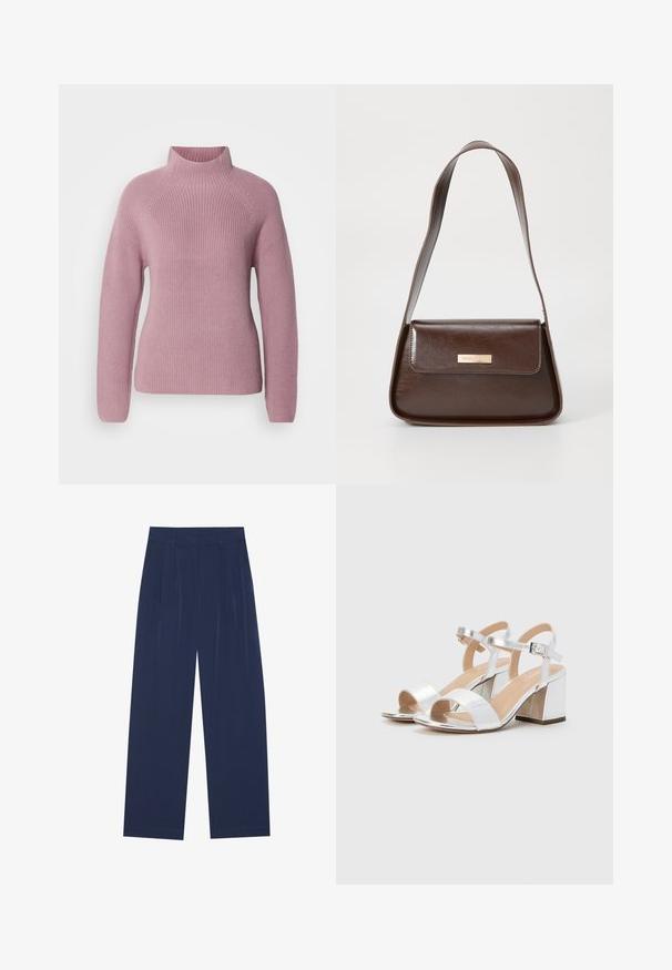 Marc O'Polo LONGSLEEVE STAND UP COLLAR - Strikkegenser - dark mauve; Marineblå bukser med vide ben laget av mykt stoff, med frontfolder, en glatt tekstur og en rett passform uten synlige lommer.; Sølv høyhælte sandaler med åpne tær, med to brede reimer og en rund blokkhelt. Glatt tekstur med metallisk finish.; Brun lærveske med en strukturert form, med en magnetisk klaffelukking og en metallisk logoaksel på forsiden.