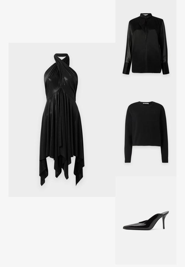Schwarzer, gekürzter Pullover mit langen Ärmeln, geripptem Halsausschnitt und -bündchen, aus weichem Strickmaterial. Einfaches und nahtloses Design.; Schwarze Bluse mit Stehkragen, langen transparenten Ärmeln, Schleifendetail am Hals, aus glattem Satinmaterial, mit Knopfverschluss vorne.; Schwarzes Halsbandkleid mit einem drapierten Design. Hergestellt aus glänzendem Material, mit einem verdrehten Ausschnitt und asymmetrischem Saum. Glatte Textur.; Schwarze Lackleder-Pumps mit hohen Absätzen, spitzer Zehenform und schlanker Silhouette, mit offenem Rücken und schlankem Stiletto-Absatz.; Schwarze Lederhandtasche mit einem geschwungenen Design, verziert mit silbernen Nieten, einer Schnalle und zwei seitlichen Taschen. Verstellbarer Träger für verschiedene Tragemöglichkeiten.