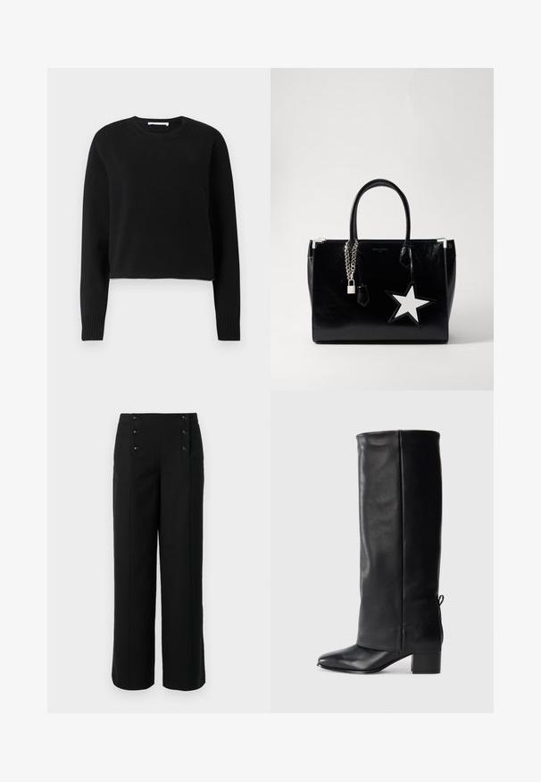 Schwarzer, gekürzter Pullover mit langen Ärmeln, geripptem Halsausschnitt und -bündchen, aus weichem Strickmaterial. Einfaches und nahtloses Design.; Schwarze weit geschnittene Hosen aus glattem Stoff mit hoher Taille und fünf vorderen Knöpfen zum Schließen. Elegantes, maßgeschneidertes Design.; Schwarze Leder-Stiefel bis zum Knie mit glatter Oberfläche, quadratischer Zehenpartie, Blockabsatz und seitlichen Bindebändern für eine verstellbare Passform.; Schwarze Handtasche aus lackiertem Leder mit eleganter Form. Mit silberner Kettenhardware, einem Schloss und einem weißen Sternelement an der Seite.