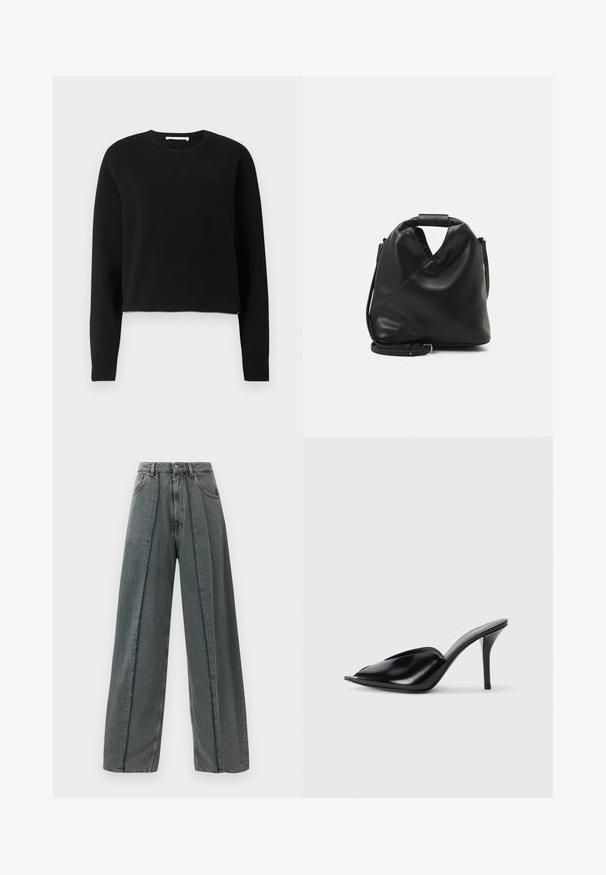 Fekete rövidített pulóver hosszú ujakkal, bordázott nyakkivágással és mandzsettával, puha kötött anyagból készült. Egyszerű és zökkenőmentes dizájn.; Magas derekú, sötétszürke, széles szárú farmernadrág, fülelt varrási részletekkel, amelyek függőlegesen futnak elöl, valamint klasszikus öt zsebes dizájnnal.; Fekete bőr, nyitott orrú, hegyes kialakítású, sima textúrájú, és karcsú tűsarokkal rendelkező magassarkú mules.; Fekete, puha bőr táska egyedi csavaros dizájnnal. Rövid fogantyúval és levehető vállpánttal rendelkezik. Minimalista stílusú.