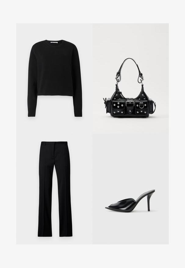 Mustapaita, jossa on lyhyet hihansuut, pitkät hihat, ribbireunus kauluksessa ja hihansuissa, valmistettu pehmeästä neulosmateriaalista. Yksinkertainen ja saumaton muotoilu.; Mustat suorat housut sileästä kankaasta, jossa on litteät etuosat, vyölenkit ja ei näkyviä taskuja tai koristeita.; Musta nahkainen korkeakorkoinen mules-malli, avoimella varpaalla, terävä muotoilu, sileä pinta ja kapea stilettokorko.; Musta nahkainen käsilaukku, jossa on kaareva muotoilu, hopeiset niitit, solki ja kaksi sivutaskua. Säädettävä olkahihna erilaisiin kantovaihtoehtoihin.