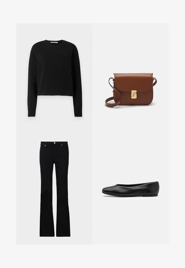 Pulover scurt negru cu mâneci lungi, guler și manșoane cu nervuri, confecționat dintr-un material moale. Design simplu și fără cusături.; Blugi negri evazați din denim, care prezintă două buzunare frontale, o închidere cu buton și o textură netedă. Coaserea semnăturii vizibilă la cusături.; Paul Smith TOPANGA - Balerini - black; Geantă de piele maro cu închidere tip capac, accesorii de culoare aurie, curea de umăr și o textură netedă. Formă compactă și rectangulară.