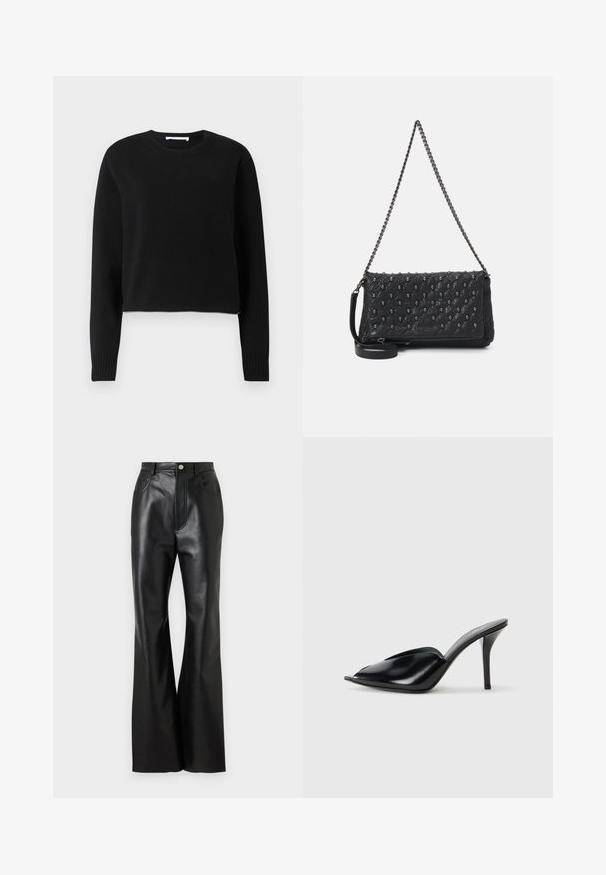 Czarny krótki sweter z długimi rękawami, z prążkowanym dekoltem i mankietami, wykonany z miękkiego, dzianinowego materiału. Prosty i bezszwowy design.; Czarne skórzane spodnie o rozszerzanym kroju z gładkim wykończeniem, z kieszeniami z przodu i kontrastowym przeszyciem. Posiadają zapięcie na guzik i usztywniony pas.; Czarne skórzane mule na wysokim obcasie z odkrytym palcem, w szpiczastym designie, gładkiej teksturze i smukłym obcasie szpilce.; Czarna pikowana skórzana torba z łańcuszkiem, ozdobiona akcentami czaszki i zamkiem błyskawicznym. Teksturowana powierzchnia o błyszczącym wykończeniu.