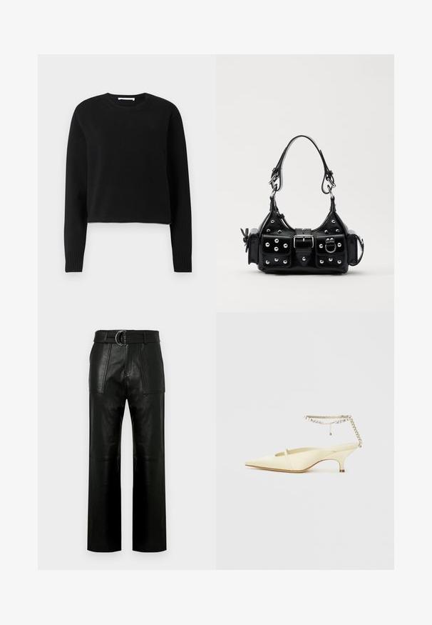 Svart kortärmad tröja med långa ärmar, ribbat halsringning och mudd, tillverkad av ett mjukt stickat material. Enkel och sömlös design.; Högmidjade svarta läderbyxor med vida ben, stora framfickor och ett matchande bälte med dubbelringbuckle.; Pekig tå gul satin slingback-sko med låg klack och ett dekorativt kedjestrapsomfång med rhinestones. Slät textur, minimalistisk design.; Svart läderhandväska med en kurvad design, prydd med silverfärgade nitar, ett spänne och två sidofickor. Justerbar rem för olika bäralternativ.