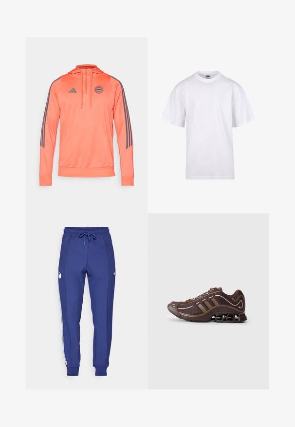 Oranžinė gobtuvinė džemperis su pilkais Adidas raižiniais ir logotipu. Pagamintas iš lygios medžiagos, turi užtrauktuką ir raukšlėtus rankogalius bei hemą.; Balta medvilnės marškinėliai su apvaliu iškirpimu, trumpomis rankovėmis ir laisvu siluetu. Turi paprastą dizainą be raštų ar akcentų.; Tamsiai mėlyni sportiniai džinsai, pagaminti iš minkštos medžiagos, su baltais šoninėmis juostelėmis, elastingu juosmeniu su raišteliu ir logotipo detale kairiajame kojoje.; Ruda sportinė batų pora su tinklelio ir sintetinėmis medžiagomis, pasižyminti trimis juostelėmis, detaliu siuvimu, paminkštinta sola ir būdingu pavasarinio tipo kulnu.