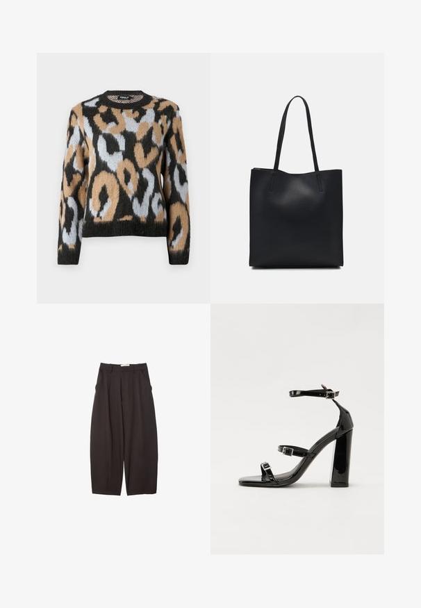 Maglione a stampa leopardo con scollo tondo, maniche lunghe e una combinazione di colori nero, marrone e azzurro chiaro, realizzato in un tessuto a maglia con texture.; Pantaloni neri a gamba larga realizzati in un tessuto morbido, con vita alta, pieghe frontali e tasche laterali. Design semplice senza decorazioni.; Sandali con tacco alto in vernice nera con due cinturini con fibbia, punta quadrata e tacco spesso a blocco, caratterizzati da una texture liscia e lucida.; Borsa tote in pelle nera con texture liscia, forma rettangolare e due manici lunghi. Nessun hardware o decorazione visibile.