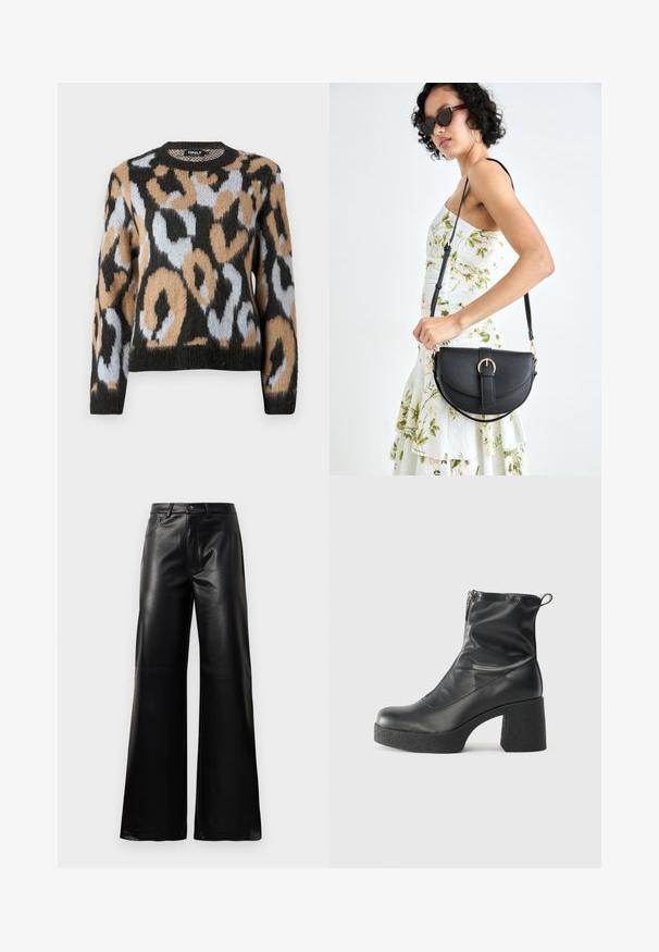 Leopárd mintás pulóver, kerek nyakkivágással, hosszú ujjakkal, fekete, barna és világoskék színek keverékével, texturált kötött anyagból.; Fekete, magas derekú, széles lábú, műbőr nadrág elülső gombbal, cipzárral, övbújtatókkal és oldalsó zsebekkel, fehér háttérrel.; Fekete bokacsizmák sima bőrből, oldalsó cipzárral, vastag, texturált sarkú és lekerekített orrú dizájnnal.; Fekete bőrtáska ívelt formával, levehető pánttal és arany színű fémrészekkel. A táskán egy csattal díszített fedél található.
