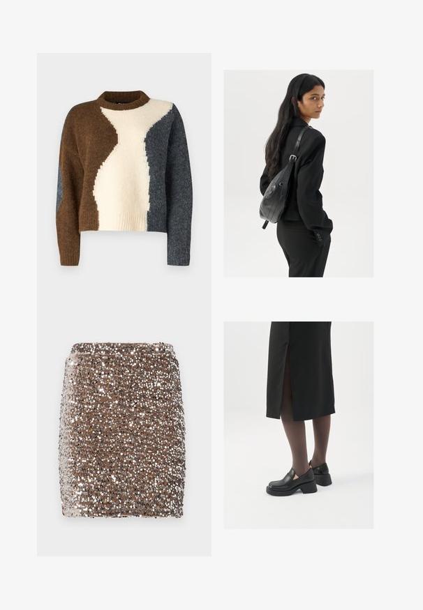 Krāsaini sadalīts džemperis ar brūnu, krēmkventu un tumši pelēku toņu. Izgatavots no mīksta auduma ar ribotu apkakli un īsu dizainu.; Brūns mirdzošu sekvīnu mini svārku ar pieguļošu dizainu, kas pārklāts ar spīdīgiem sudrabainiem sekvīniem, radot tekstūru un mirdzošu efektu.; Melni ādas apavi ar noapaļotu purngalu, biezām bloku papēžiem un elastīgiem sānu akcentiem, apvienoti ar tumšām zeķubiksēm un melnu svārku ar šķirbu.; Sieviete ar garām tumšām matiem, ģērbusies melnā uzvalkā, nēsā melnu ādas plecu somu un skatās pāri plecam uz balta fona.; Sudraba gredzenveida auskari ar minimālistisku dizainu. Cirkulāra forma, gluda tekstūra un plāns profils. Vieglu svaru ar spīdīgu apdari.