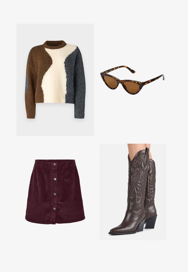 Farbblockiertes Sweatshirt in braunen, cremigen und dunkelgrauen Tönen. Hergestellt aus weichem Material mit ribbeltem Halsausschnitt und kurzer Form.; Burgunderfarbene Kordmini mit A-Linien-Form, ausgestattet mit fünf silbernen Knöpfen an der Vorderseite und einer subtilen gerippten Textur.; Braune Leder-Cowboy-Stiefel mit spitzem Punkt und Blockabsatz, die über detaillierte Stickereien und hervorgehobene Akzente am Schaft verfügen.; Katzenaugen-Sonnenbrille mit einem schwarz-orangenen Schildpattrahmen, braunen Gläsern und schlanken, spitzen Enden. Verfügt über ein minimalistisches Logo am Bügel.