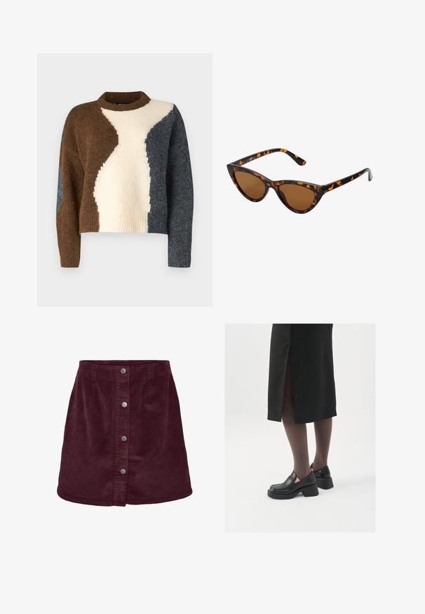 Kleurblok trui met bruin, crème en donkergrijs. Gemaakt van zachte stof met een geribbelde halslijn en een cropped ontwerp.; Bordeaux corduroy mini-jurk met A-lijnvorm, voorzien van vijf zilveren knopen aan de voorkant en een subtiele ribbelstructuur.; Zwarte leren schoenen met een ronde neus, dikke blokhak en elastische zijkanten, gecombineerd met donkere panty's en een zwarte rok met een split.; Cat-eye zonnebril met een zwart en oranje schildpadframe, bruine lenzen en slanke, puntige uiteinden. Bevat een minimalistisch logo op de poot.
