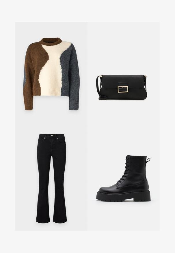 Color-blocked sweater featuring brown, cream, and dark grey hues. Made of soft fabric with a ribbed neckline and cropped design.; Black flared jeans made of denim, featuring a mid-rise waist, front pockets, and button closure. Smooth texture with minimal stitching details.; Black leather ankle boots with a round toe, lace-up front, and a thick rubber sole featuring a textured tread. Pull tab at the back.; Black leather clutch bag with a flap and a gold metal buckle detail. Includes a black strap and a sleek, minimalist design.; Gold-colored hoop earrings, thin and round in shape, with a smooth metallic finish and no embellishments or patterns.