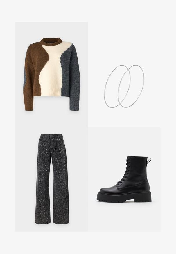 Farvesplittet sweater med brune, cremefarvede og mørkegrå nuancer. Lavet af blødt stof med en ribbet halsudskæring og cropped design.; Noisy May NMJANNEL LOOSE - Jeans Relaxed Fit - black denim; Sorte læder ankelstøvler med rund tå, snørebånd foran og en tyk gummisål med struktureret slidbane. Hæfteløkke bagpå.; Sølvøreringe med et minimalistisk design. Cirkulær form, glat tekstur og tynd profil. Letvægtige med en poleret overflade.