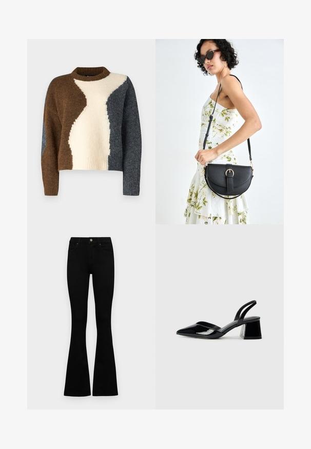 Pull coloré avec des nuances de marron, crème et gris foncé. Fait en tissu doux avec un col côtelé et un design court.; Jean noir taille haute avec fermeture à bouton et à zip, poches avant et jambes évasées, posés à plat sur un fond blanc.; Escarpins en cuir verni noir avec bout pointu et talon bloc géométrique. Présente un design élégant et minimaliste ainsi qu'une texture lisse.; Sac à main en cuir noir avec une forme courbée, bandoulière amovible et des accessoires en or. Le sac est doté d'un rabat avec un détail de boucle.