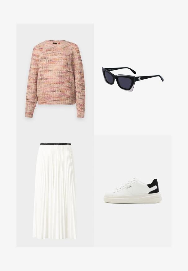 Strickpullover in sanften Rosatönen mit mehrfarbigem Muster, ausgestattet mit einem runden Halsausschnitt und langen Ärmeln, hergestellt aus einem warmen, flauschigen Material.; Faltenrock aus Weiß mit einem schwarzen elastischen Bund, der das "LACOSTE"-Logo trägt. Mittellanges Design mit weicher Textur.; Weiße Leder-Sneaker mit einer dicken weißen Sohle, schwarzem Wildlederakzent an der Ferse und geprägtem Logo an der Seite. Schnürdesign mit sechs Ösen.; Schwarze übergroße Sonnenbrille mit geometrischer Form, ausgestattet mit dunklen Gläsern und einem kontrastierenden grauen Detail im Rahmen. Logo am Bügel.