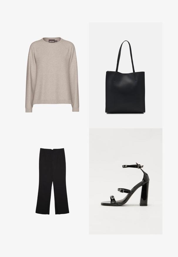 Beżowy sweter wykonany z miękkiej dzianiny. Posiada okrągły dekolt, długie rękawy i prążkowane mankiety. Luźny krój z gładką fakturą.; Czarne spodnie o prostym kroju, z przednimi kieszeniami i bocznymi rozcięciami na dole. Wykonane z miękkiego, gładkiego materiału. Odpowiednie na różne okazje.; Czarne lakierowane sandały na obcasie z kwadratowym noskiem, z paskami wokół kostki i srebrnymi klamrami. Posiadają masywny słupek dla stabilności.; Czarna skórzana torba tote o gładkiej fakturze, prostokątnym kształcie i dwóch długich uchwytach. Brak widocznych elementów metalowych i ozdób.