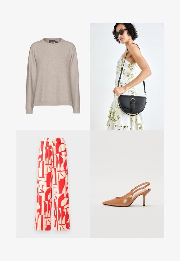 Bežinis megztukas, pagamintas iš minkštos mezginio medžiagos. Turi apvalią iškirptę, ilgas rankoves ir įrengtus rankogalius. Atsitiktinė forma su lygiu paviršiumi.; Raudoni raštuoti plačiakelniai keliai su elastine juosta, pagaminti iš lengvos medžiagos su abstrakčiomis formomis raudonos ir kreminės spalvų.; Pailgų smailiu pirštu slingback kulnas, pagamintas iš lygaus, blizgaus rudos spalvos medžiagos. Yra kreivų išpjovimų dizainas ir lieknas stiletto kulnas. Sidabrinė sagtis.; Juodas odinis krepšys su išlenkta forma, nuimamu dirželiu ir auksiniais detalėmis. Krepšys turi kilpą su sagtimi.