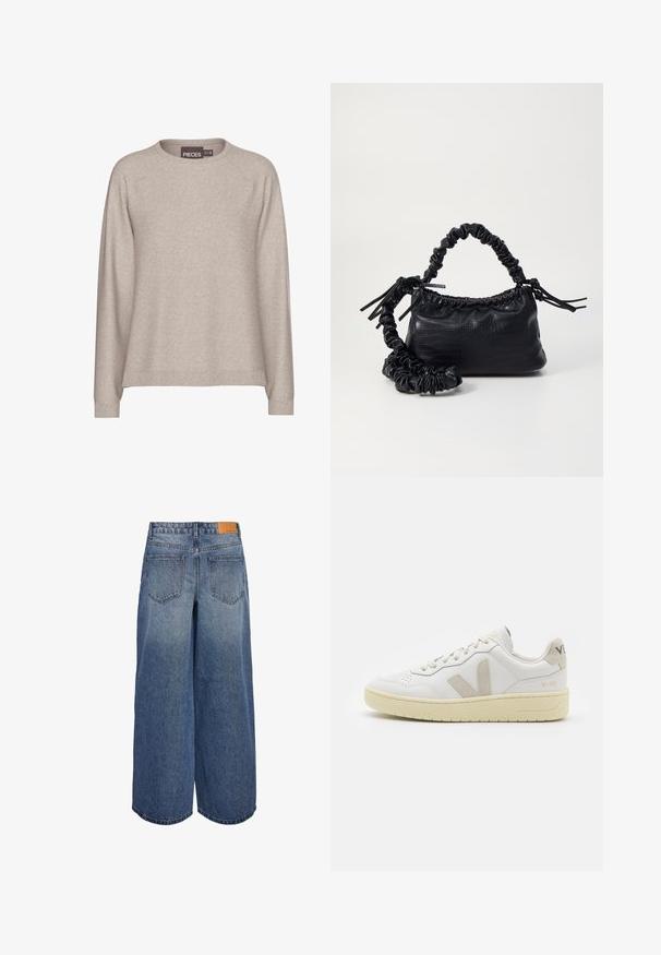 Beidzs džemperis, kas izgatavots no mīksta adījuma auduma. Tam ir apaļa apkakle, garas piedurknes un ribotas aproces. Ikdienišķa piegriezne ar gludu tekstūru.; Platas kāju džinsa kulotes vidēji zilā tonī ar izbalējušu tekstūru, ar divām aizmugurējām kabatām un brūnu ādas zīmola birku uz jostas.; Baltas ādas sporta apavu pāris ar bēšiem zamša akcentiem, caurumiņu purngalā, plakanu šņorēšanu un teksturētu krēmkrāsas zoli. Iezīmējas ar diskrētu zīmolu uz papēža.; Melnā mākslīgās ādas rokassoma ar krokodila rakstu, savilkta augšdaļa un saburzīta siksna. Izskatās mīksta un kompakta pēc dizaina.