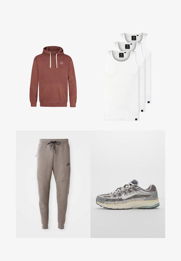 Pullover hoodie in een stoffige rozenkleur, gemaakt van zacht materiaal. Heeft een voorzak, een capuchon met trekkoord en een geborduurd logo op de borst.; Drie witte geribde tanktops van katoen. Kenmerken zijn een ronde hals en kleine zwarte labels nabij de zoom. Verkrijgbaar in meerdere maten.; Grijze Nike-sweatpants met een verstelbare tailleband, taps toelopende benen, zijzakken en opvallende naaddetails. Zachte, gestructureerde stof.; Grijze sportieve schoen met een bovenwerk van mesh en suede, witte accenten, een gevoerde zool en een onderscheidend ontwerp met reflecterende elementen.