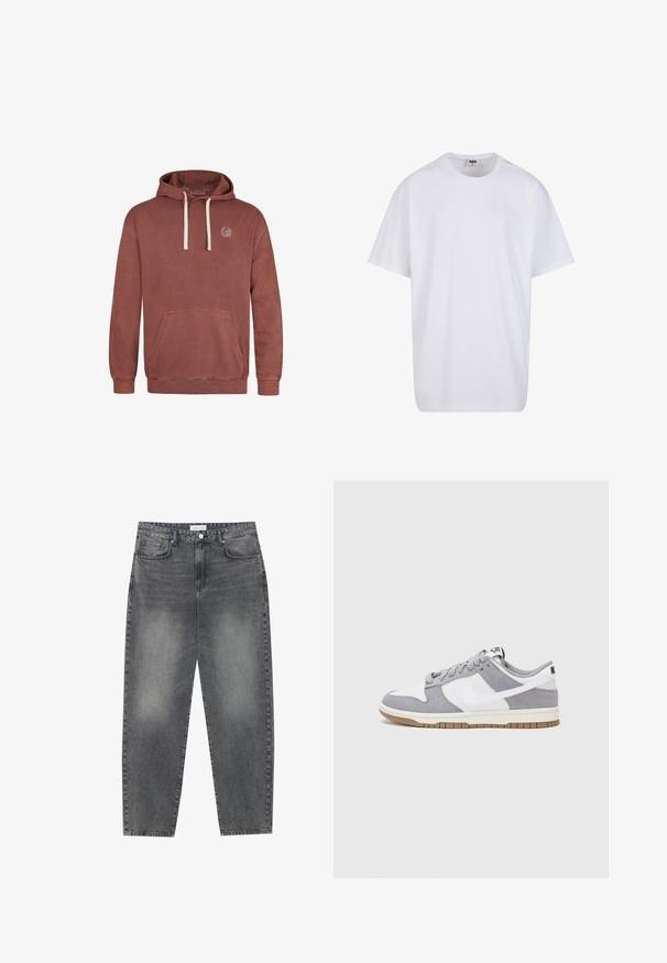 Pullover hoodie in een stoffige rozenkleur, gemaakt van zacht materiaal. Heeft een voorzak, een capuchon met trekkoord en een geborduurd logo op de borst.; Witte katoenen t-shirt met korte mouwen, ronde hals, relaxte pasvorm en zonder zichtbare logo's of patronen. Gladde textuur en minimalistisch ontwerp.; Hoge taille, losvallende jeans van vervaagd zwart denim. Beschikt over vijf zakken, riemlussen en een schone, rechte broekspijp ontwerp.; Grijze en witte sneaker met een bovenwerk van suede en leer, ronde neus, platte veters en een rubberen zool met een gumaccent.