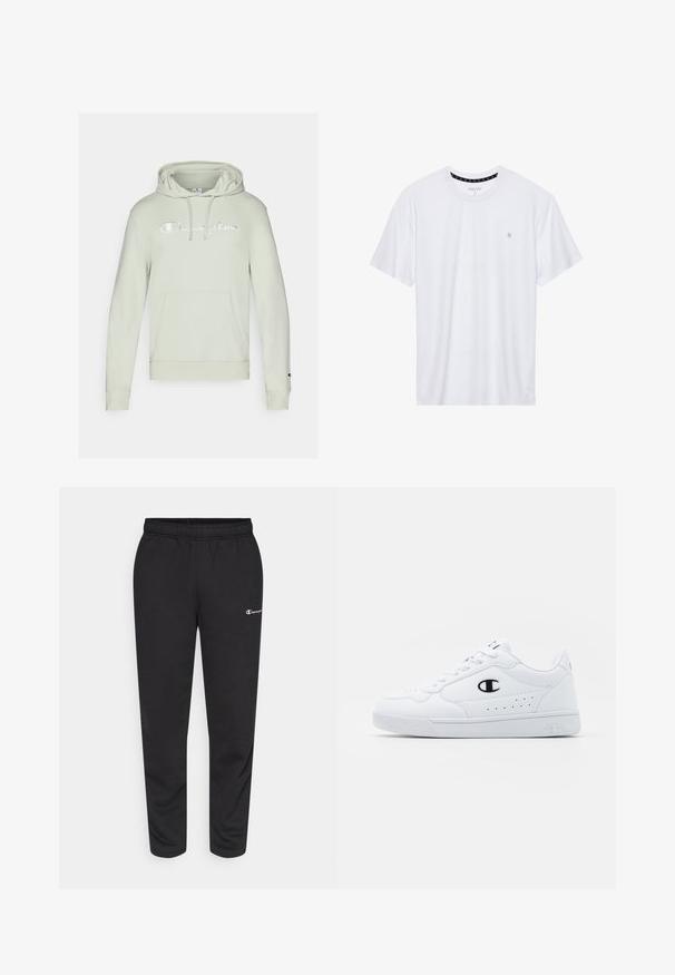 Light green hoodie with a front kangaroo pocket, drawstring hood, and embroidered "Champion" logo. Made of soft fabric, features ribbed cuffs.; White crewneck t-shirt made of cotton, featuring short sleeves and a small logo embroidered on the left chest area. Soft texture.; Black sweatpants made of cotton blend, featuring an elastic waistband and a small white logo on the left side. Tapered leg design.; White athletic sneakers with a smooth synthetic upper, black logo accent, and perforated detailing on the side. Rubber sole.