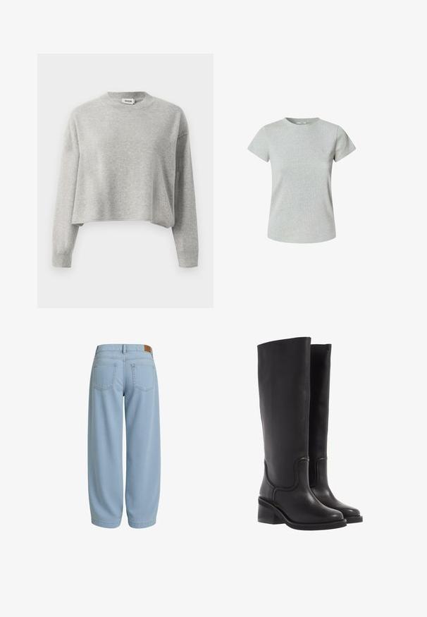 Pulover scurt, de culoare gri deschis, cu mâneci lungi, mansete ribonate și decolteu rotund, realizat dintr-un material tricotat moale.; Tricou din bumbac gri, cu mâneci scurte și guler rotund. Textură netedă, croială clasică și fără modele sau embellishments vizibile.; Pantaloni din denim de un albastru deschis, cu o croială relaxată, ce includ două buzunare la spate, un tiv cu o etichetă din piele maro și glezne conice.; Bocanci negri din piele, până la genunchi, cu o textură netedă, vârf rotunjit și toc masiv. Prezintă cusături subtile și un design fluid.