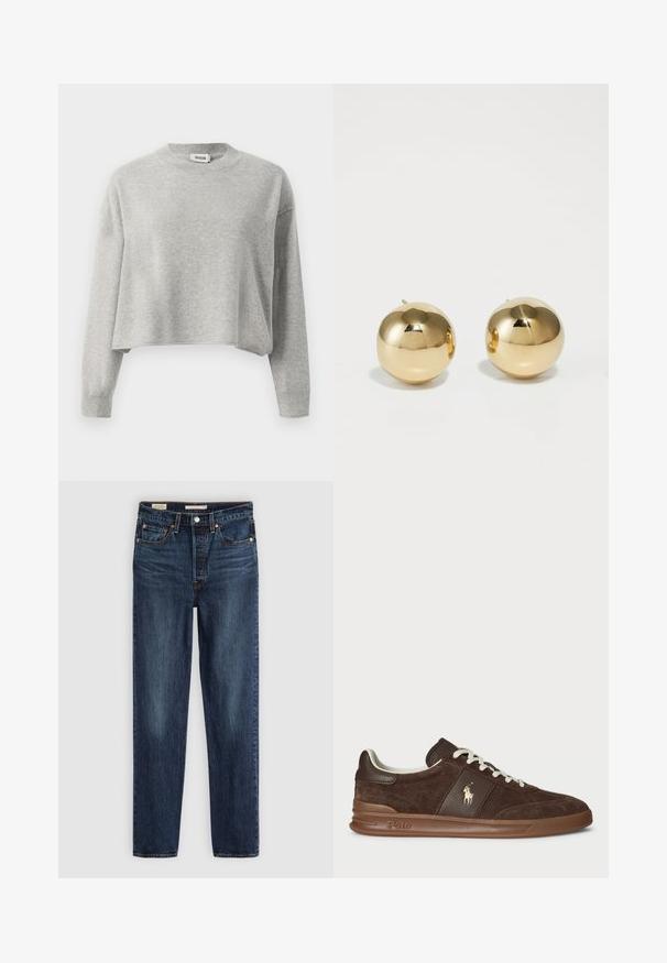 Pulover scurt, de culoare gri deschis, cu mâneci lungi, mansete ribonate și decolteu rotund, realizat dintr-un material tricotat moale.; Tricou din bumbac de culoare maro închis, cu gât rotund, mâneci scurte și o croială lejeră. Design simplu, fără modele sau accente vizibile.; Jeans negri închis, cu croi drept, dotate cu cinci buzunare, închidere cu nasture și fermoar, și cusături contrastante.; Adidași din suede maro cu panouri texturate, șireturi albe și un logo auriu. Au o talpă din cauciuc și un guler căptușit pentru confort.; Cercei sferici din aur cu un finisaj lustruit și un mic post. Prezintă o textură netedă și o suprafață reflectantă.