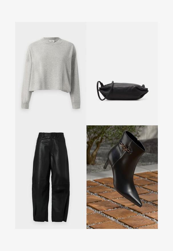 Vaaleanharmaa lyhytneule, jossa on pitkät hihat, ribbireunukset ja pyöreä pääntie, valmistettu pehmeästä neulotusta kankaasta.; Mustat nahkahousut, joissa on löysä istuvuus, suora lahje, etutaskut ja näkyvät ompeluyksityiskohdat.; Mustat nahkaiset nilkkasaappaat, joissa on teräväkärkinen muoto ja pieni korko. Nilkassa on kullanvärinen ketjuyksityiskohta. Saappaat ovat tekstuurilla varustetun kivipinnan ympäröimiä.; Musta nahkainen kukkaro, jossa on suorakaiteen muoto, sileä pinta, ohut olkahihna ja minimalistinen muotoilu.