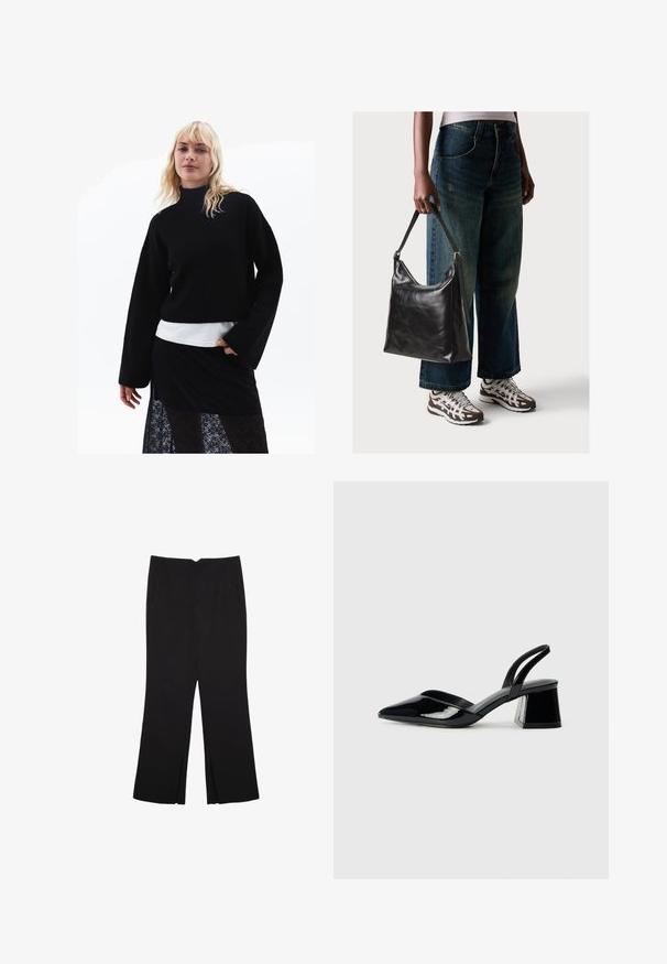 Svart stickad tröja med hög hals och breda ärmar, lager på lager över en vit topp, i kombination med en genomskinlig svart spetskjol.; Svarta byxor med rak passform, utrustade med framfickor och sidoklyvningar vid fållen. Tillverkade av mjukt, slätt tyg. Lämpliga för olika tillfällen.; Svarta lackläder slingback klackar med spetsig tå och geometrisk klack. Har en elegant, minimalistisk design och slät yta.; Svart läderaxelväska med en slät yta och justerbar rem, i kombination med urtvättade vida jeans och sportiga sneakers.