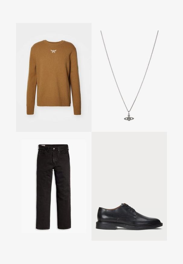 Pull marron avec col rond, bords côtelés aux poignets et à l'ourlet, fabriqué en tissu doux, présentant un petit logo blanc sur la poitrine.; T-shirt en coton noir avec col rond et manches courtes. Doté d'un logo discret à l'avant et d'un ourlet droit. Design simple et minimaliste.; Jean en denim noir à jambes droites avec cinq poches, fermeture à bouton et passants de ceinture, posés à plat sur un fond blanc.; Chaussure de ville en cuir noir avec un bout rond, un laçage et un petit talon empilé. Texture lisse avec des détails de couture minimaux.; Collier en chaîne en argent présentant un pendentif détaillé en forme de planète, orné de petites accents et de motifs complexes.