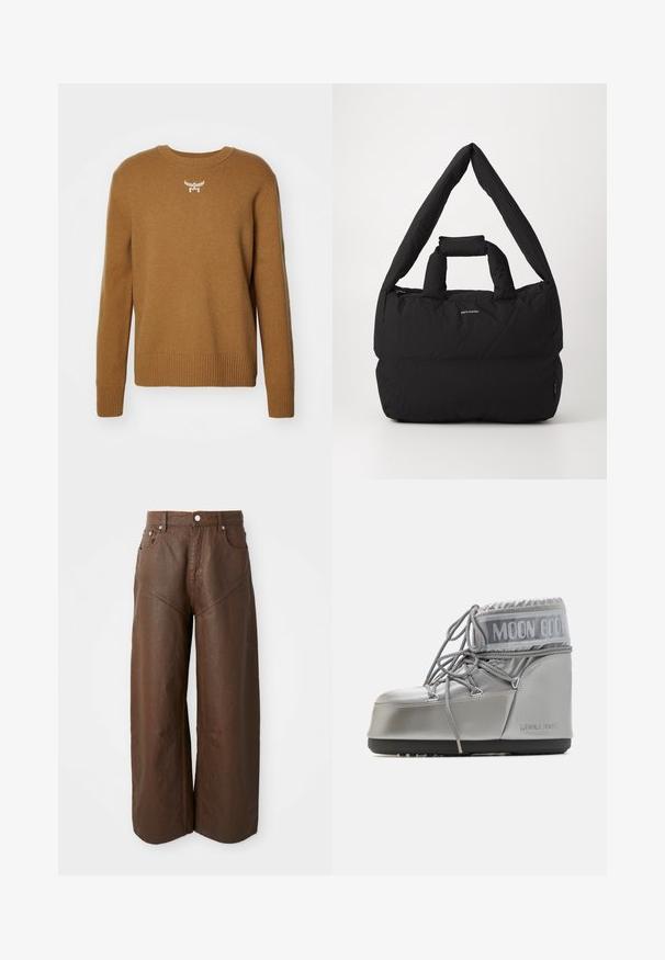 Maglione marrone con collo tondo, polsini e orlo a coste, realizzato in un tessuto morbido, con un piccolo logo bianco sul petto.; Pantaloni in pelle marrone a gamba ampia con cinque tasche e chiusura con bottone, presentati su uno sfondo bianco uniforme.; Stivale impermeabile argento con forma arrotondata, finitura texture e lacci grigi. Presenta un evidente logo "MOON BOOT" sulla parte superiore.; Borsa nera imbottita con una larga tracolla morbida e manico superiore. Caratterizzata da una chiusura con zip e un discreto logo sul davanti.
