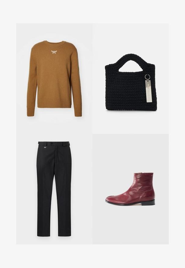 Brauner Pullover mit Rundhalsausschnitt, gerippten Bündchen und Saum, aus weichem Stoff gefertigt, mit einem kleinen weißen Logo-Emblem auf der Brust.; Schwarze maßgeschneiderte Hose mit geradem Schnitt, ausgestattet mit einem Knopfverschluss und Gürtelschlaufen. Glatte Textur mit minimalen Details.; Burgunderfarbene Leder-Stiefelette mit glatter Textur, seitlichem Reißverschluss, abgerundeter Spitze und niedrigem schwarzen Absatz, mit dezenten Falten und minimaler Naht.; Won Hundred MARSIELLE COMPUTER BAG UNISEX - Notebooktasche - black
