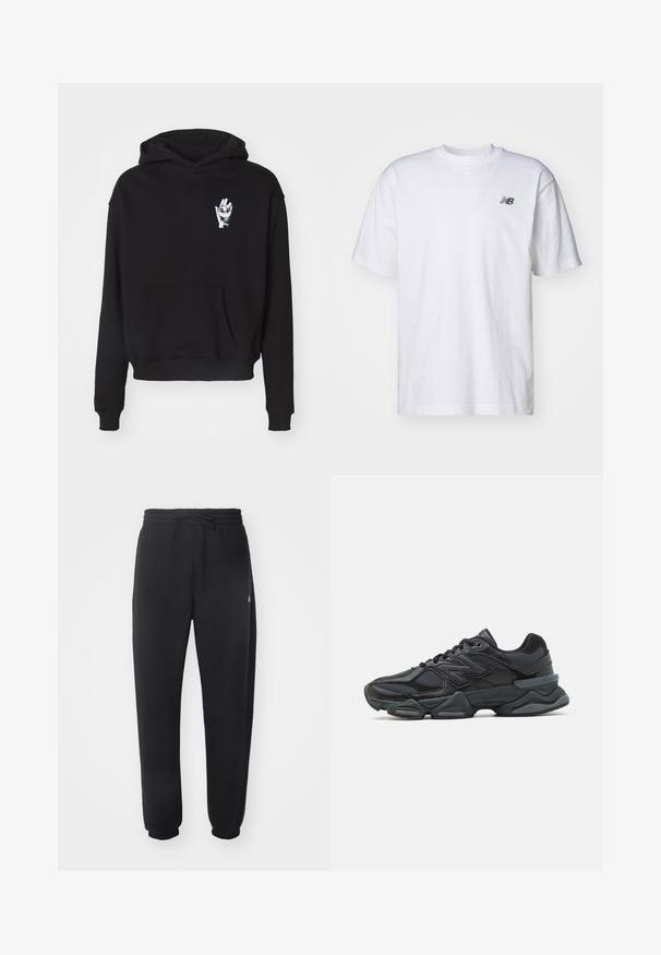 Čierna mikina s kapucňou, predným vreckom a bielym potlačeným dizajnom ruky na ľavej hrudi. Látka je hladká a mierne textúrovaná.; Biele tričko s krátkym rukávom a okrúhlym výstrihom s malým čiernym logom New Balance na ľavej hrudi na jednoduchom pozadí.; Čierne tepláky vyrobené z mäkkého materiálu s elastickým pásom, šnúrkou na stiahnutie a zúženými manžetami, s jemným logom na boku.; Čierna bežecká obuv so zmesou sieťoviny a syntetických materiálov, robustnou podrážkou, zakriveným dizajnom a výrazným logom na boku.