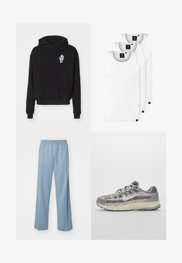 Svart hettegenser med frontlomme og trykt hvit hånddesign på venstre bryst. Stoffet er glatt og har en lett tekstur.; Tre hvite ribbestrikkede tank topper laget av bomull. Har en rund hals og små svarte etiketter nær kanten. Tilgjengelig i flere størrelser.; Carhartt WIP BOLAN PANT - Joggebukse - dusty ice/positano; Grå treningssko med overdel i nett og semsket skinn, hvite detaljer, en polstret såle, og et særpreget design med reflekterende elementer.