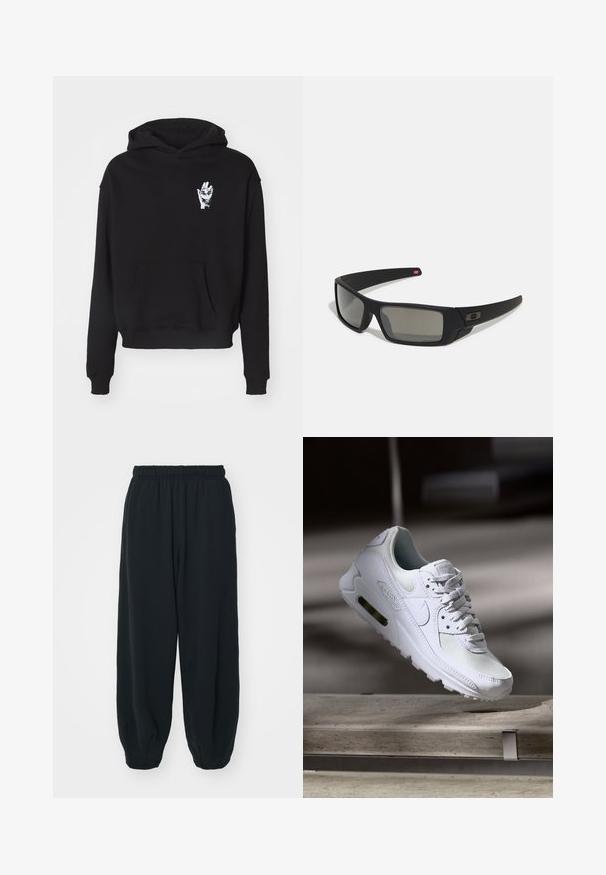Felpa nera con cappuccio, dotata di tasca frontale e un design di una mano bianca stampata sul lato sinistro del petto. Il tessuto è liscio e leggermente strutturato.; Pantaloni da jogging neri con vita elasticizzata, dalla vestibilità morbida, caviglie a costina, texture liscia e senza motivi visibili o dettagli in metallo.; Sneaker Nike Air Max 90 bianco con tomaia in mesh e pelle, punta forata e un'unità air visibile nel tallone.; Occhiali da sole neri con finitura opaca, lenti rettangolari, leggero curvatura sulle tempie, dettaglio logo discreto e lenti color fumo.