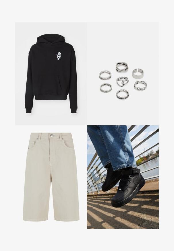 Čierna mikina s kapucňou, predným vreckom a bielym potlačeným dizajnom ruky na ľavej hrudi. Látka je hladká a mierne textúrovaná.; Bežové deninové šortky so priamej strihom, s predným zapínaním na gombík a štyrmi vreckami. Materiál má hladkú textúru a minimálne švy.; Čierne tenisky Nike Air Force 1 s koženým zvrškom, sieťovaným jazykom a gumovou podrážkou, s vysokým dizajnom a hrubými šnúrkami.; Sada siedmich strieborných prsteňov s rôznymi dizajnmi, vrátane skrútených, prepojených a gravírovaných vzorov. Rôzne tvary a šírky.