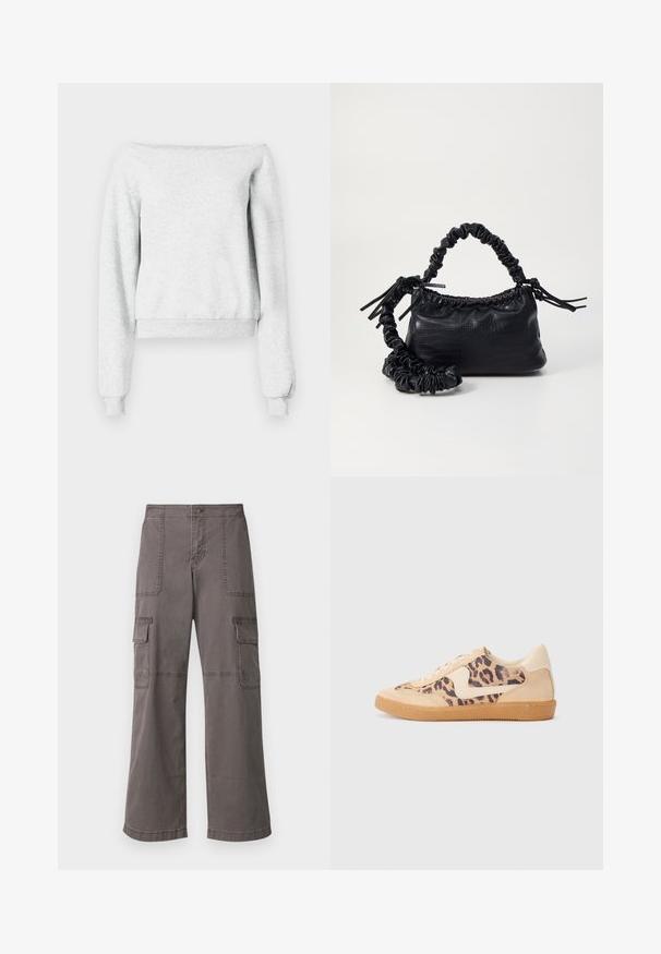 Pilka megzta palaidinė su nusmukusia pečių linija, ilgomis rankovėmis ir glamžytais rankogaliais. Pagaminta iš minkštos medžiagos, turinti trumpą hemą.; Pilkos spalvos medvilninės cargo kelnės su plačiais šonais, turinčios dvi priekinės kišenes, dvi šonines kišenes ir matomas siuvimo detales.; Leopardų rašto sportiniai batai su smėlio spalvos zomšiniu viršumi, rusvu guminiu padu ir baltais akcentais. Apvalus nosis ir raištelių užsegimas su tekstūruotu paviršiumi.; Juodas dirbtinės odos rankinė su krokodilo tekstūra, sušnibždinta viršuje ir susikraipytu dirželiu. Atrodo minkšta ir kompaktiška.