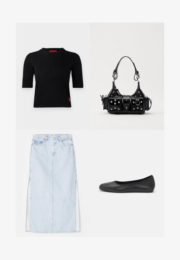 Fekete, rövid ujjú kötött felső, kerek nyakkivágással. Bal oldalon piros logó címke található, valamint bordázott mandzsetta. Simító textúrájú.; Világoskék farmer maxi szoknya egyenes szabással, oldalsó hasítékokkal és öt zsebes kialakítással. Kiemelkedő varrás és fém gombos zárás.; Fekete bőr balettcipő lekerekített orral, sima tekstúrával, minimális varrással és rugalmas talp kialakítással.; Fekete bőr kézitáska ívelt designnal, ezüst szegecsekkel, csattal és két oldalsó zsebbel. Állítható vállpánt a hordozási lehetőségekhez.