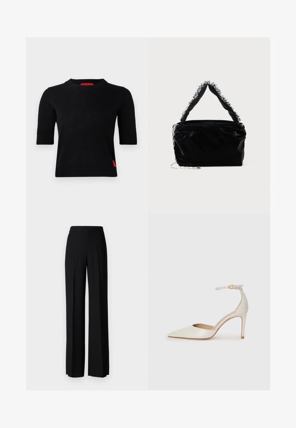 Černý krátký rukáv pletený top s kulatým výstřihem. Obsahuje červenou značku loga na levé straně a žebrované manžety. Hladká textura.; Černé kalhoty s širokým střihem a hladkým povrchem, s vysokým pasem a středovými skladbami. Žádné viditelné vzory ani kovové detaily.; Bílé kožené lodičky na vysokém podpatku s špičatou špičkou, kotníkovým páskem a štíhlým jehlovým podpatkem. Hladká textura s mírným lesklým povrchem.; Černá kabelka z umělé kůže s texturovaným povrchem, zdobená perlovým stříbrným akcentem podél horního ucha a řetízkovým popruhem.