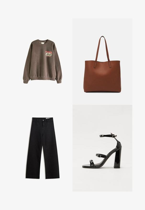 Next Sweatshirt - brown texas; Black wide-leg denim pants with a high waist, featuring front and back pockets, stitched seams, and a button closure. Smooth texture.; Black patent heeled sandals with a square toe, ankle straps, and silver buckles. Features a chunky block heel for stability.; Brown leather tote bag with a smooth texture, open top design, and two shoulder straps. Features minimal stitching and no visible hardware.