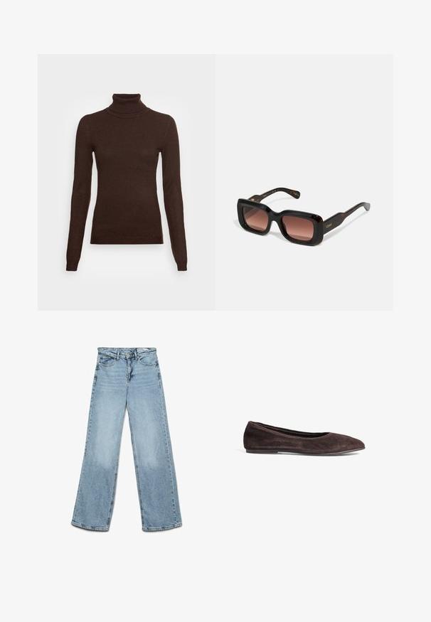 Vero Moda Tall VMHAPPINESS ROLLNECK - Strickpullover - coffee bean; Hellblaue, weit geschnittene Jeans aus Denim, mit einem klassischen Fünf-Taschen-Design und geradem Schnitt, mit minimalen Ausbleichungen an den Beinen.; Braune Wildleder-Ballerinas mit spitzem Absatz und niedrigem Profil. Verfügt über eine glatte Textur und ein minimalistisches Design. Keine sichtbaren Beschläge oder Akzente.; Rechteckige Sonnenbrille mit dunklem Schildpatt-Rahmen, verlaufenden braunen Gläsern und goldener Markierung an den Schläfen. Glatte Textur, gewagtes Design.; Gold- und Silber-farbenes Edelstahlarmbanduhr mit einem runden weißen Zifferblatt, minimalistischen Markierungen und einem zweifarbigen Metallarmband. Verfügt über eine Krone an der Seite.