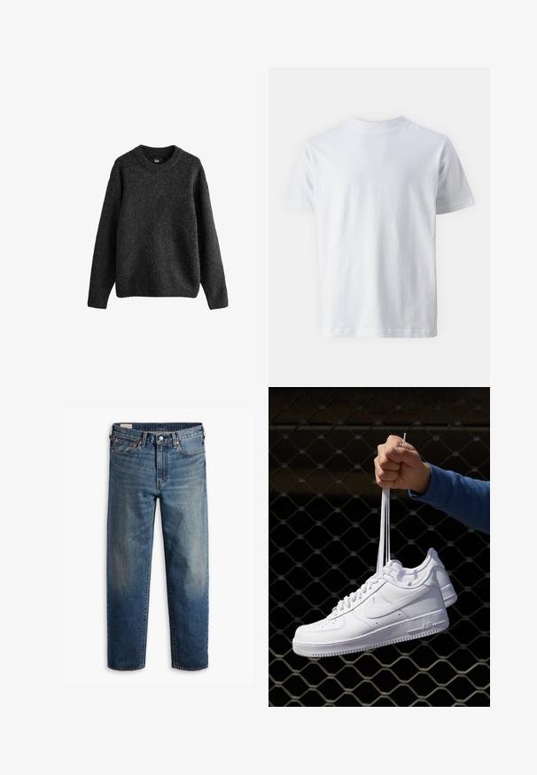 Dark grey sweater, made of a textured wool blend, featuring a crew neck, long sleeves, and ribbed cuffs and hem. Simple design.; White short-sleeve t-shirt made of cotton, featuring a crew neckline and a smooth texture, with a straight cut and no patterns.; Dark blue denim jeans with a relaxed fit, straight legs, five-pocket design, and subtle fading at the thighs. Silver button and rivets.; White leather sneakers with perforations, round toe, flat sole, and thick laces, featuring a visible swoosh logo and "AIR" on the heel.