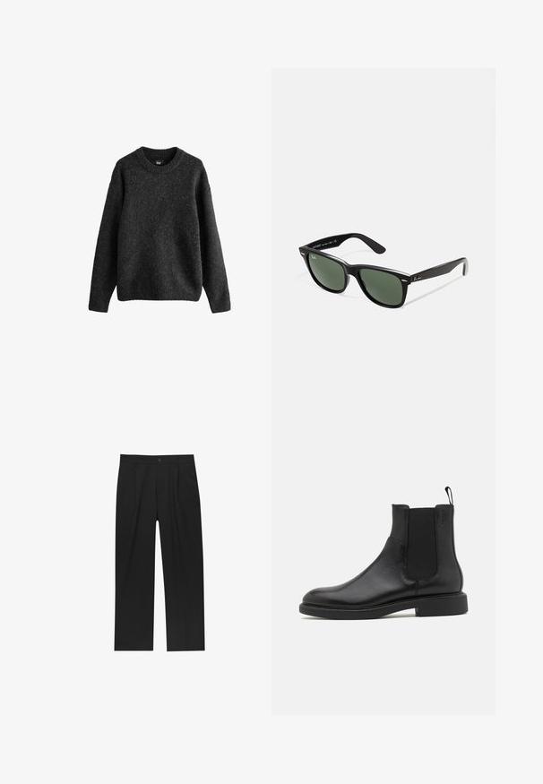 Dunkelgrauer Pullover aus einer strukturierten Wollmischung, mit Rundhalsausschnitt, langen Ärmeln und gerippten Bündchen und Saum. Einfaches Design.; Schwarze Hose mit geradem Schnitt, aus einem glatten Stoff gefertigt. Verfügt über Vorderfalten und einen einzelnen Knopfverschluss an der Taille.; Schwarze Leder-Ankle-Boots mit glatter Textur, elastischen Seitenpaneelen und einer Zuglasche. Runde Zehenpartie und flache Gummisohle mit minimalem Profil.; Schwarze Plastiksonnenbrille mit grünen Gläsern, quadratischen Rahmen, silbernem Akzent auf der Augenbraue und strukturierten Bügeln. Angegebene Marke auf dem inneren Bügel.