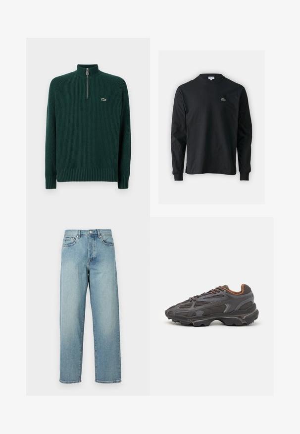 Mørkegrønn ribbestrikket genser med høy krage og kvart glidelås. Har en liten, brodert logo på venstre bryst.; Svart langermet T-skjorte laget av bomull, med rund hals og en liten grønn brodert krokodillelogo på venstre bryst.; Lys blå denimjeans med løs passform, rette ben, fem-lomme-design og knappelukking i livet. Minimalistisk sømdetalj.; Lacoste-sneakers i mørkegrått med mesh- og syntetisk materiale, med en teksturert såle og brune detaljer på kragen og merket.