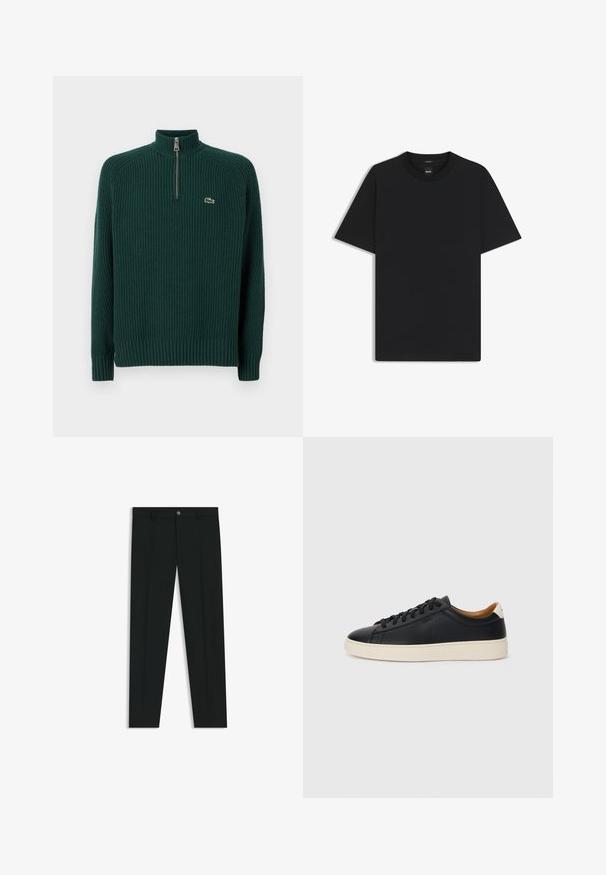 Dunkelgrüner, gerippter Strickpullover mit hohem Kragen und einem Viertel-Reißverschluss. Verfügt über ein kleines, gesticktes Logo auf der linken Brust.; Schwarz T-Shirt mit kurzen Ärmeln aus einem glatten Baumwollmix, mit Rundhalsausschnitt und einem minimalistischen Design ohne Muster oder Akzente.; Schwarze Anzughosen mit geradem Bein, aus glattem Stoff. Mit Knopfverschluss vorne und Gürtelschlaufen. Schlicht ohne Muster.; Schwarze Ledersneaker mit glatter Textur, beiger Gummisohle, Schnürdesign und einem kontrastierenden Fersenakzent.
