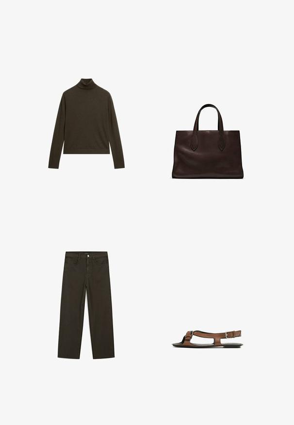 Dark green turtleneck sweater made of soft fabric, featuring long sleeves and a ribbed neckline, with a relaxed fit and minimalistic design.; Dark green wide-leg jeans made of cotton blend, featuring a front button closure, five pockets, and classic denim stitching.; Brown leather sandal with an open toe and side cutouts. Features an ankle strap with a metal buckle and a flat sole.; Brown leather tote bag with two elongated handles, structured rectangular shape, smooth texture, and subtle stitching details.