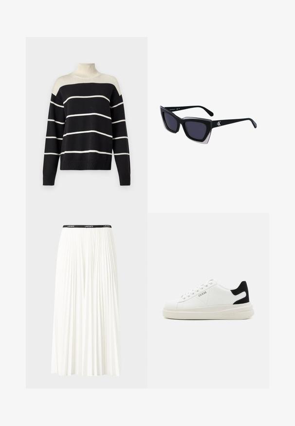 Stripet turtleneck genser i svart og krem med ribbestrikket krage og mansjetter. Har brede horisontale striper og en avslappet passform.; Plissert hvit skjørt med en svart elastisk midje som har "LACOSTE"-logoen. Midjelengde design med myk tekstur.; Hvite lær sneakers med tykk hvit såle, svart semsket hælforsterkning og preget logo på siden. Snøresystem med seks hull.; Store svarte solbriller i overdimensjonert størrelse med geometrisk form, med mørke linser og en kontrasterende grå detalj på rammen. Logo på armen.